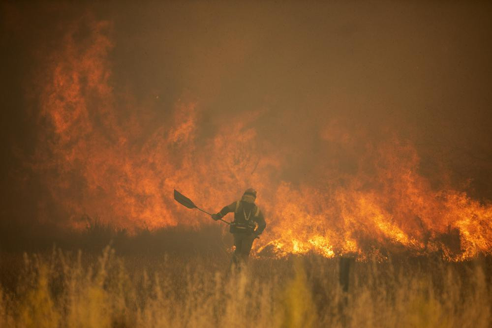 Lính cứu hỏa cố gắng dập tắt ngọn lửa trong trận cháy rừng ở Sierra de la Culebra, tỉnh Zamora, Tây Ban Nha. Ảnh: AP.