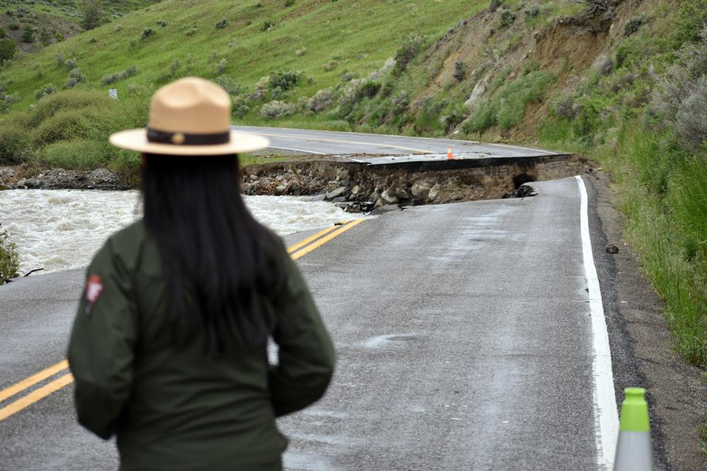 Một nhân viên kiểm lâm của Công viên Quốc gia Yellowstone đứng gần con đường bị lũ quét dọc theo sông Gardner. Ảnh: AP.