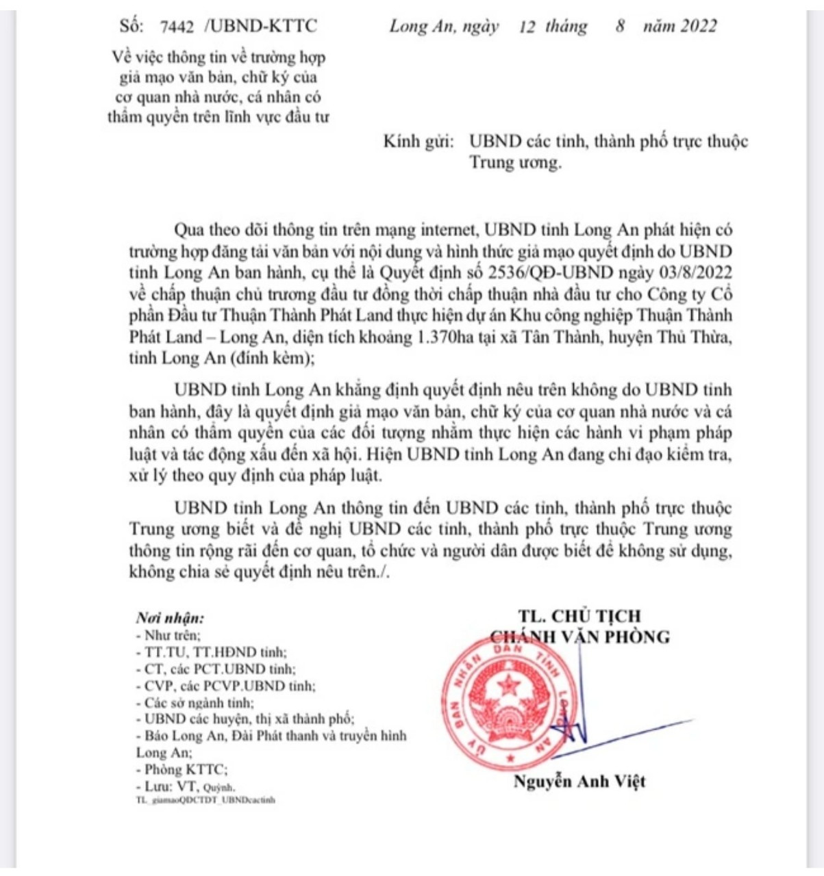 Văn bản 7442/UBND-KTTC vừa được ông Nguyễn Anh Việt – Chánh Văn phòng UBND tỉnh Long An ký, ban hành hôm 12/8.