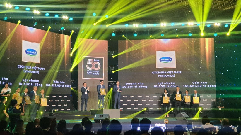 Ông Nguyễn Quang Trí – Giám đốc Điều hành Marketing của Vinamilk đại diện nhận giải thưởng Top 50 công ty niêm yết tốt nhất Việt Nam 2021 từ Forbes Việt Nam.