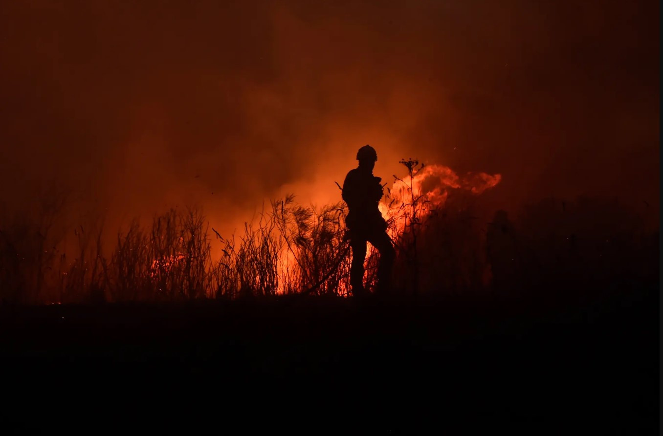 Lính cứu hỏa tại một vụ cháy rừng ở Vila Cortes do Mondego, Guarda. Ảnh: Nuno André Ferreira / EPA.