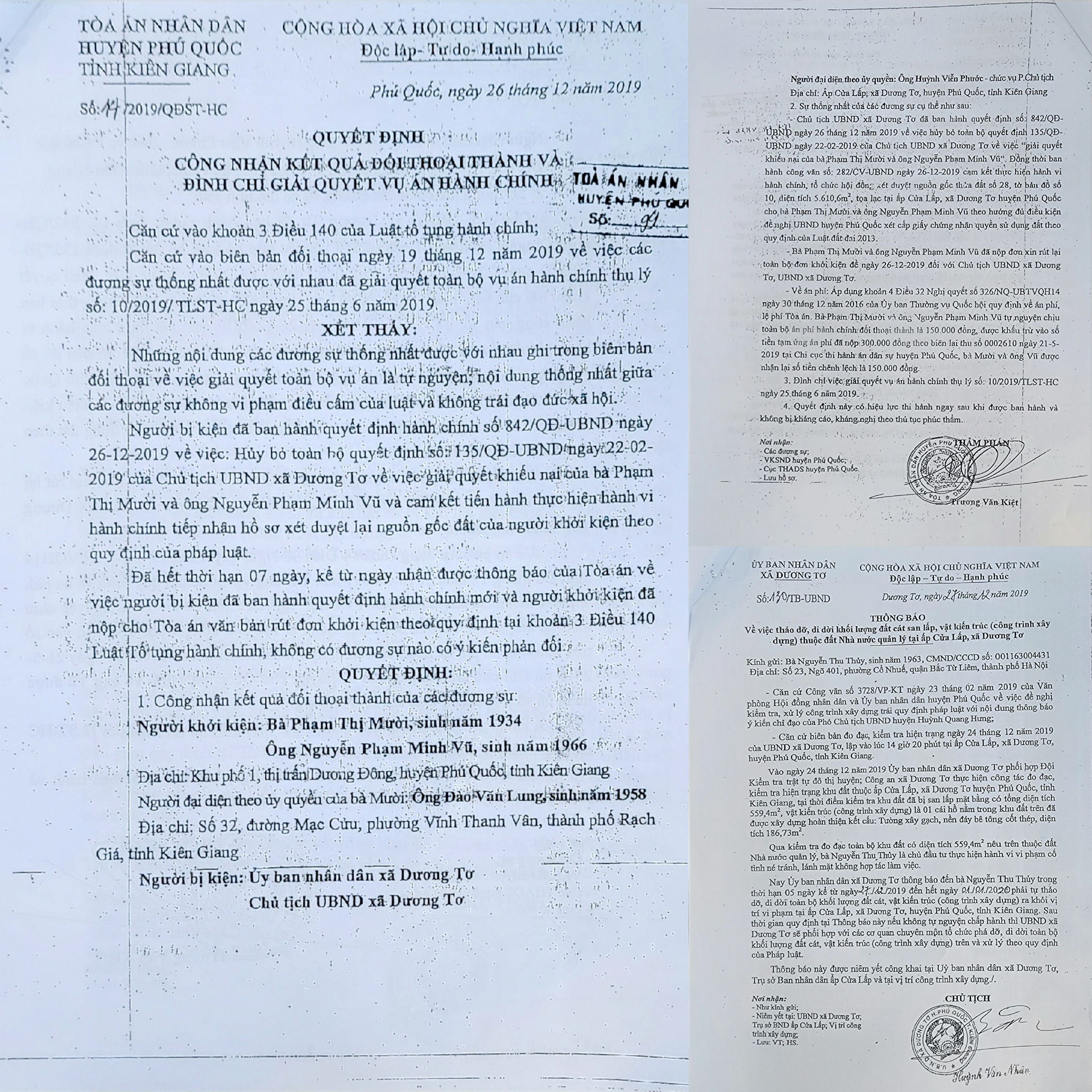 Quyết định của Tòa án Nhân dân thành phố Phú Quốc và Thông báo của UBND xã Dương Tơ
