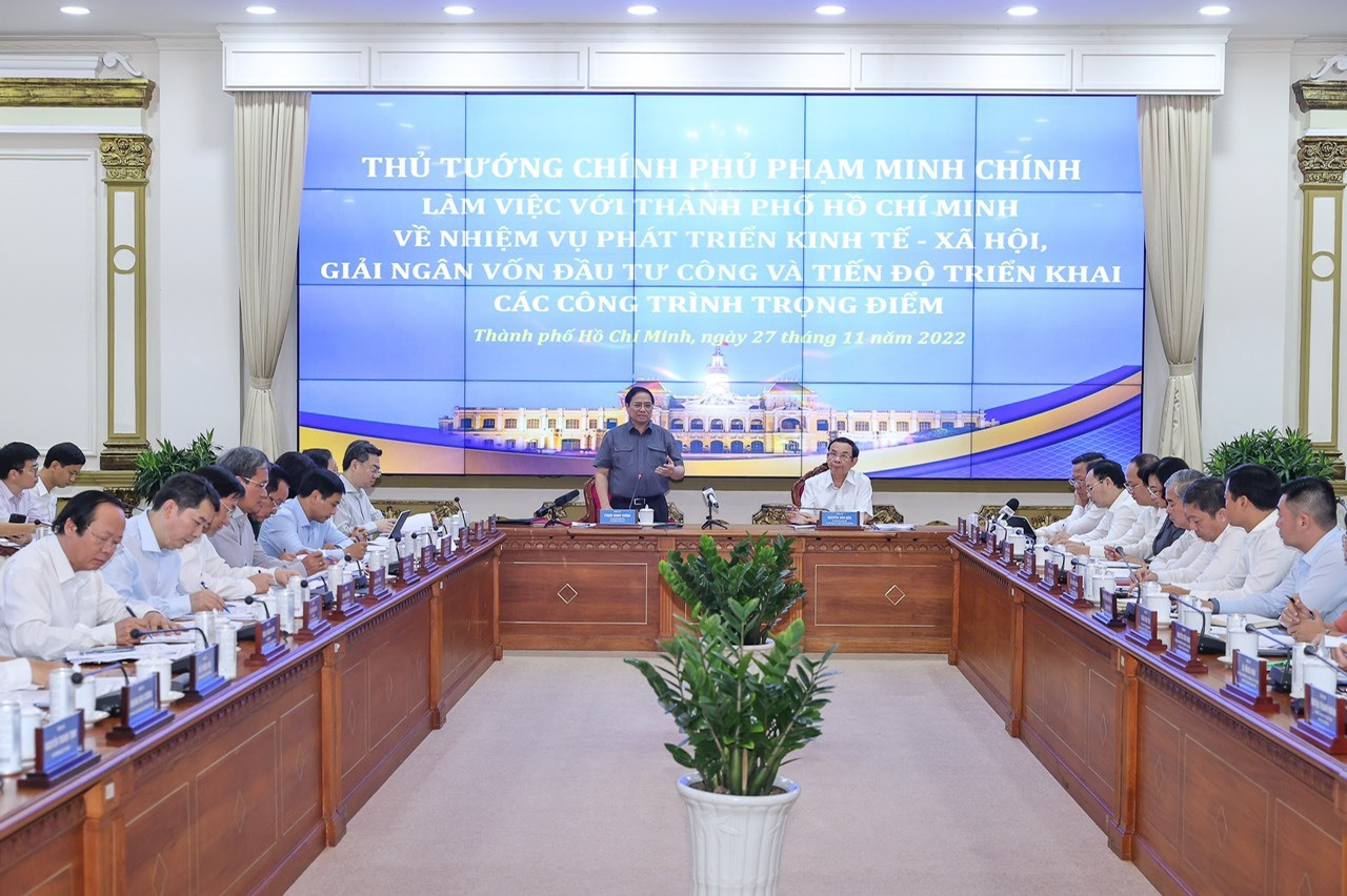 Thủ tướng Phạm Minh Chính tại buổi làm việc với lãnh đạo TP HCM. Ảnh: VGP/Nhật Bắc