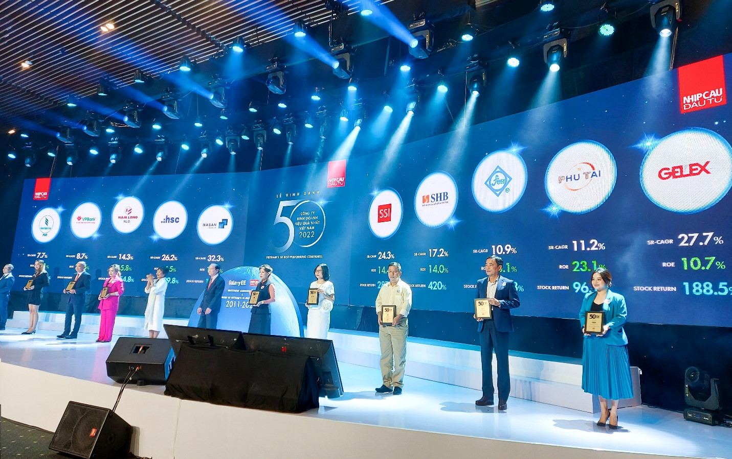 Đại diện Tập đoàn GELEX (ngoài cùng bên phải) nhận vinh danh “Top 50 Công ty kinh doanh hiệu quả nhất Việt Nam 2022”.