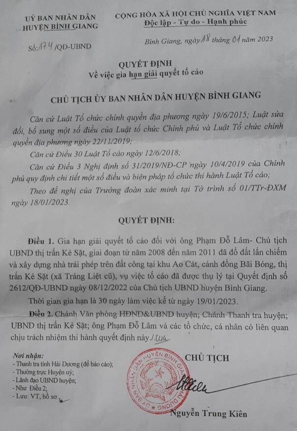 Quyết định của Chủ tịch UBND huyện Bình Giang ký