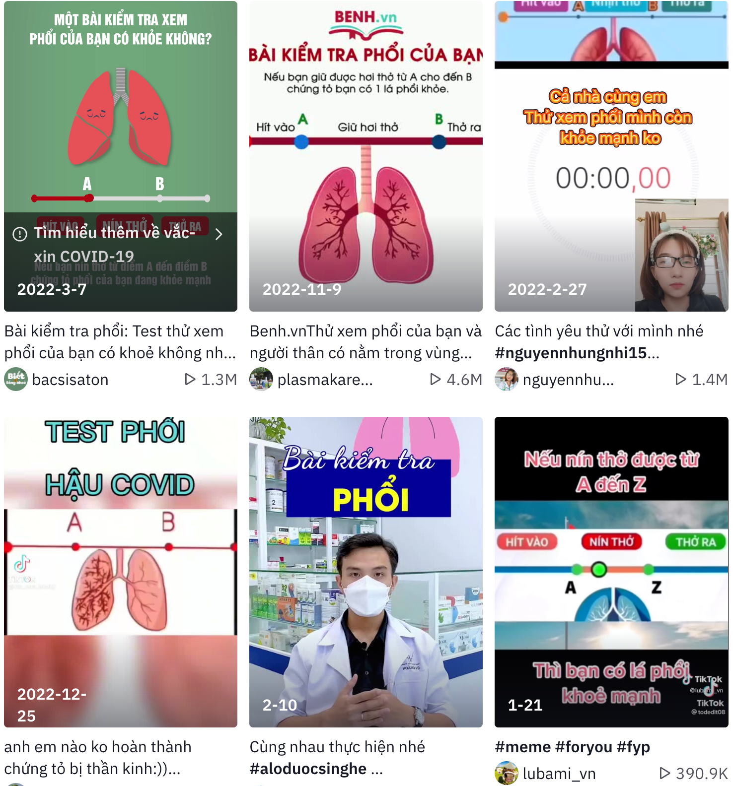 Khoảng trung tuần tháng 2/2023, một trào lưu rầm rộ trên TikTok là kiểm tra sức khỏe lá phổi bằng cách nín thở. Tuy nhiên, theo một số bác sĩ chuyên khoa hô hấp, việc kiểm tra phổi bằng cách nín thở không có ý nghĩa và hoàn toàn không đúng về mặt y khoa.