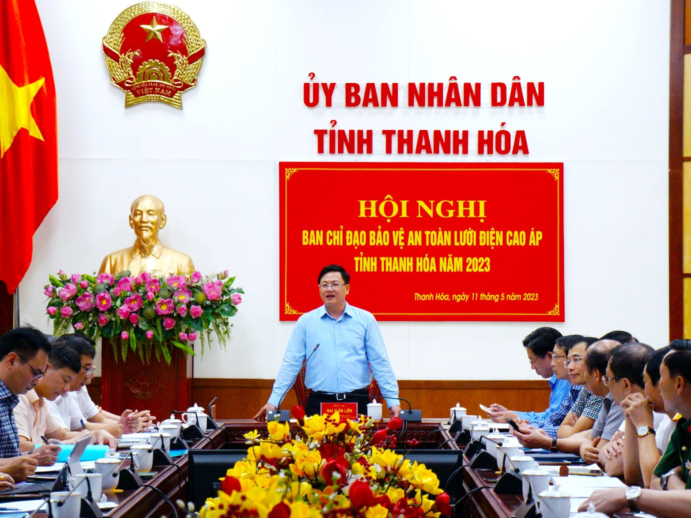 Ủy viên Ban Thường vụ Tỉnh ủy, Phó Chủ tịch UBND tỉnh Thanh Hóa Mai Xuân Liêm phát biểu chỉ đạo tại Hội nghị Ban chỉ đạo bảo vệ an toàn hành lang lưới điện cao áp tỉnh Thanh Hóa.
