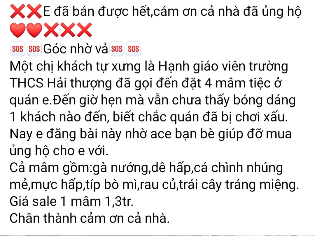 Chủ quán và người thân phải kêu gọi “giải cứu” suất ăn đã chuẩn bị. Ảnh: Chụp màn hình.