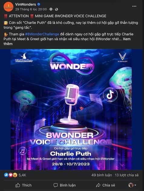 VinWonders công bố cuộc thi “8Wonder Voice Challenge” trên fanpage.