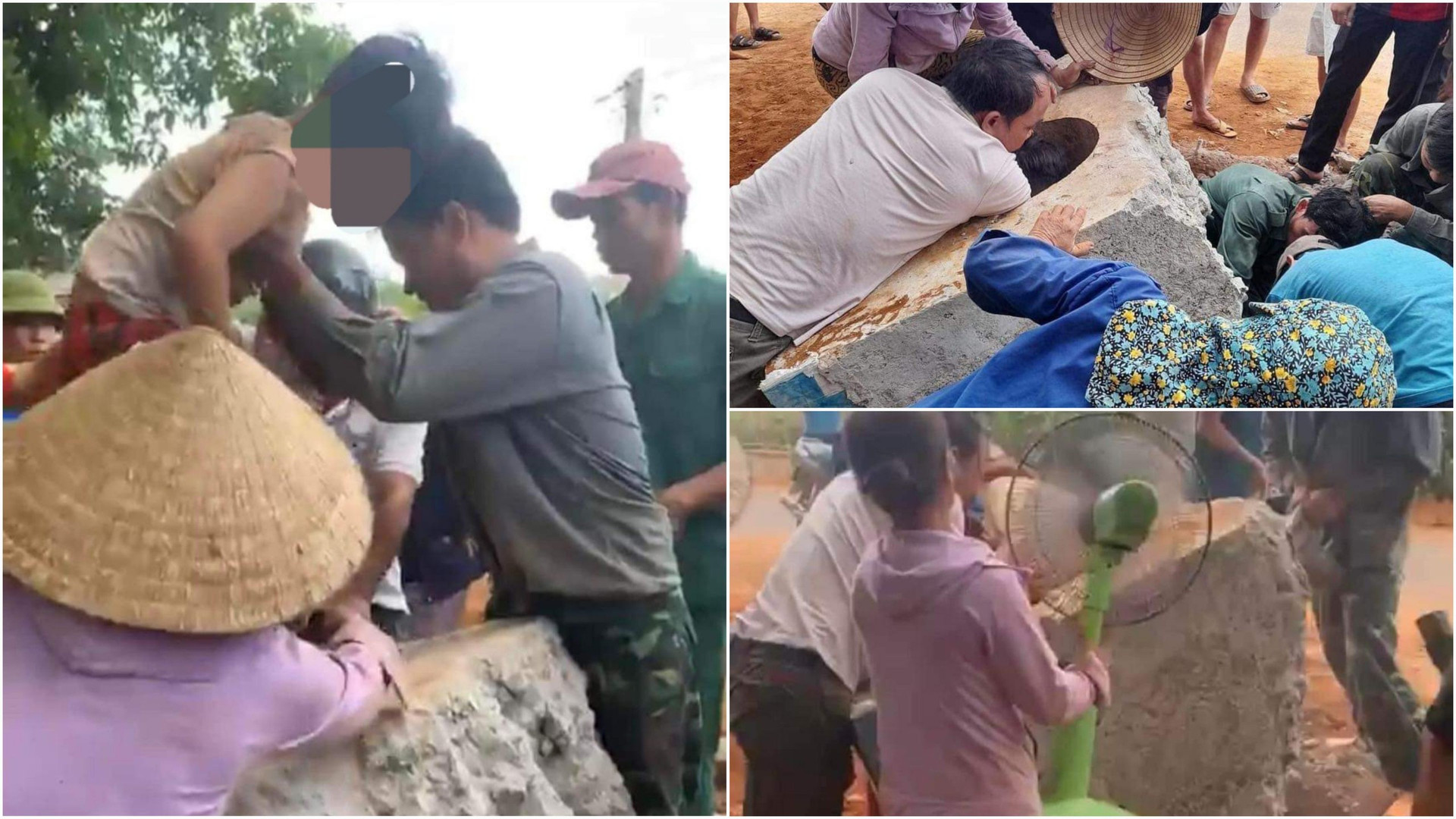 Trong lúc vui chơi, một cháu bé tại xã Gio Châu (huyện Gio Linh, tỉnh Quảng Trị) không may bị mắc kẹt trong lỗ hố cột điện của khối bê tông dùng làm móng cột điện.