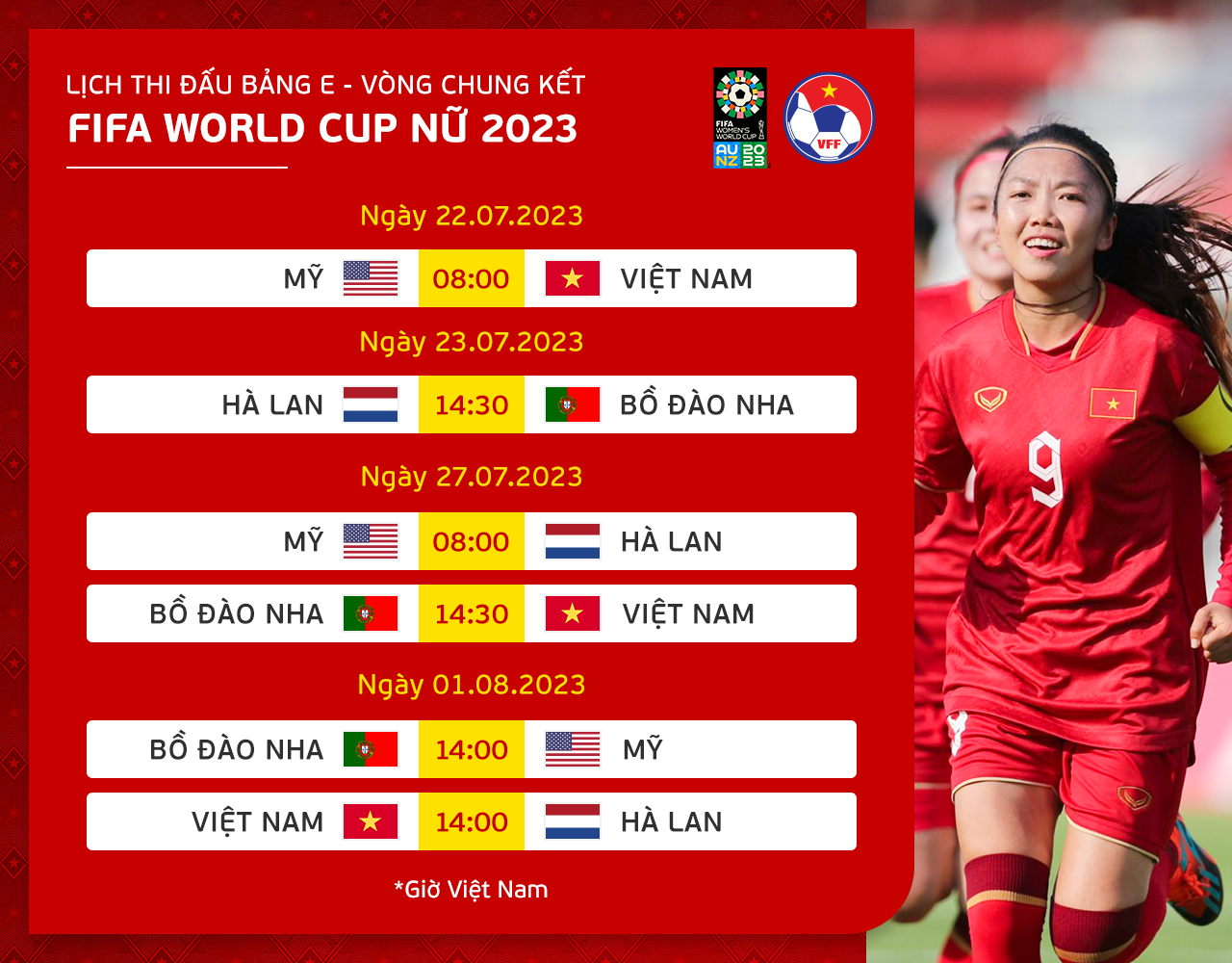 Lịch thi đấu bảng E World Cup nữ 2023. Nguồn: VFF. 
