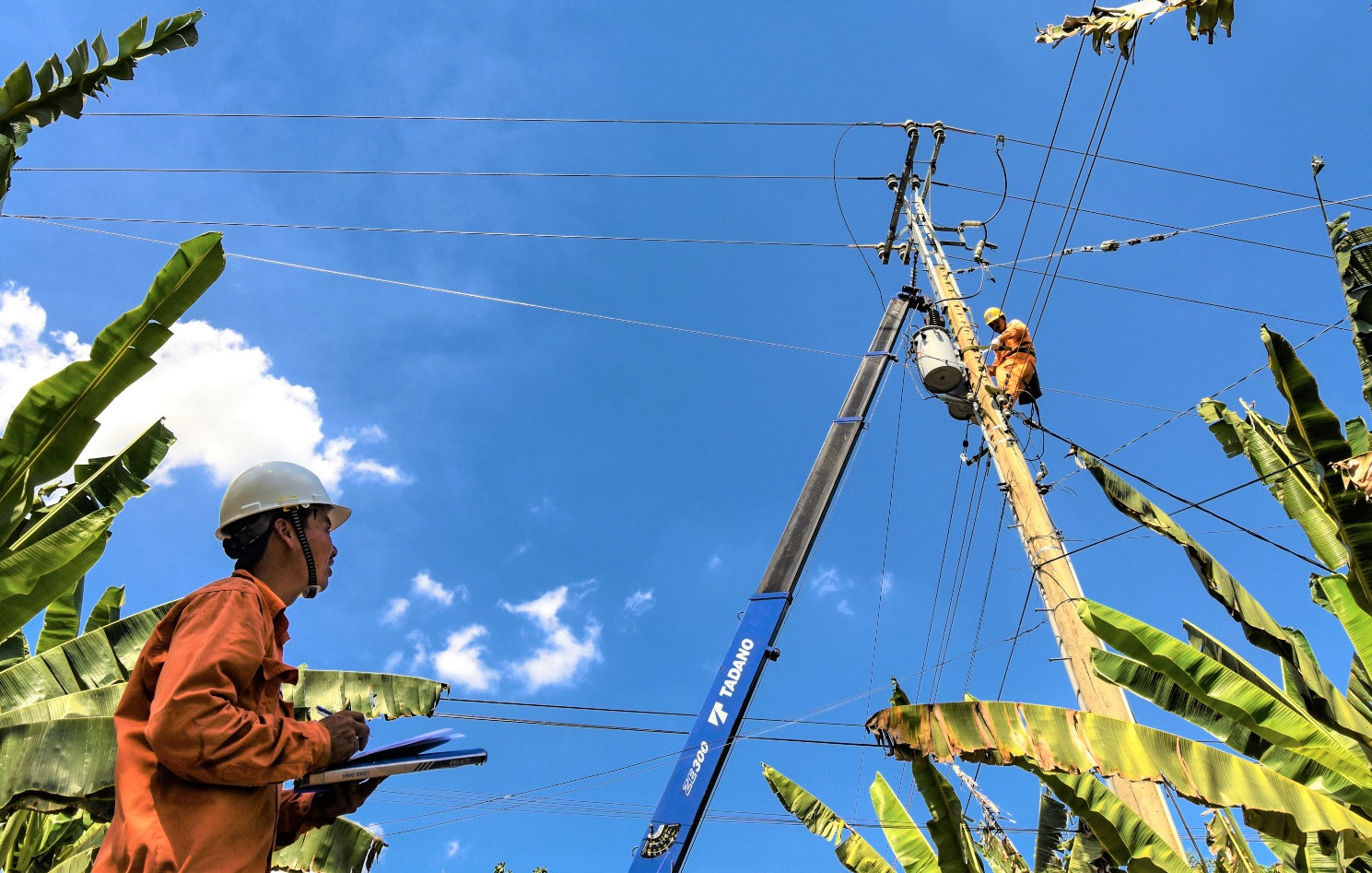 Nhân viên điện lực các tỉnh phía Nam kiểm tra hệ thống điện, bảo đảm các phương án cấp điện an toàn trong mùa mưa bão 2023.