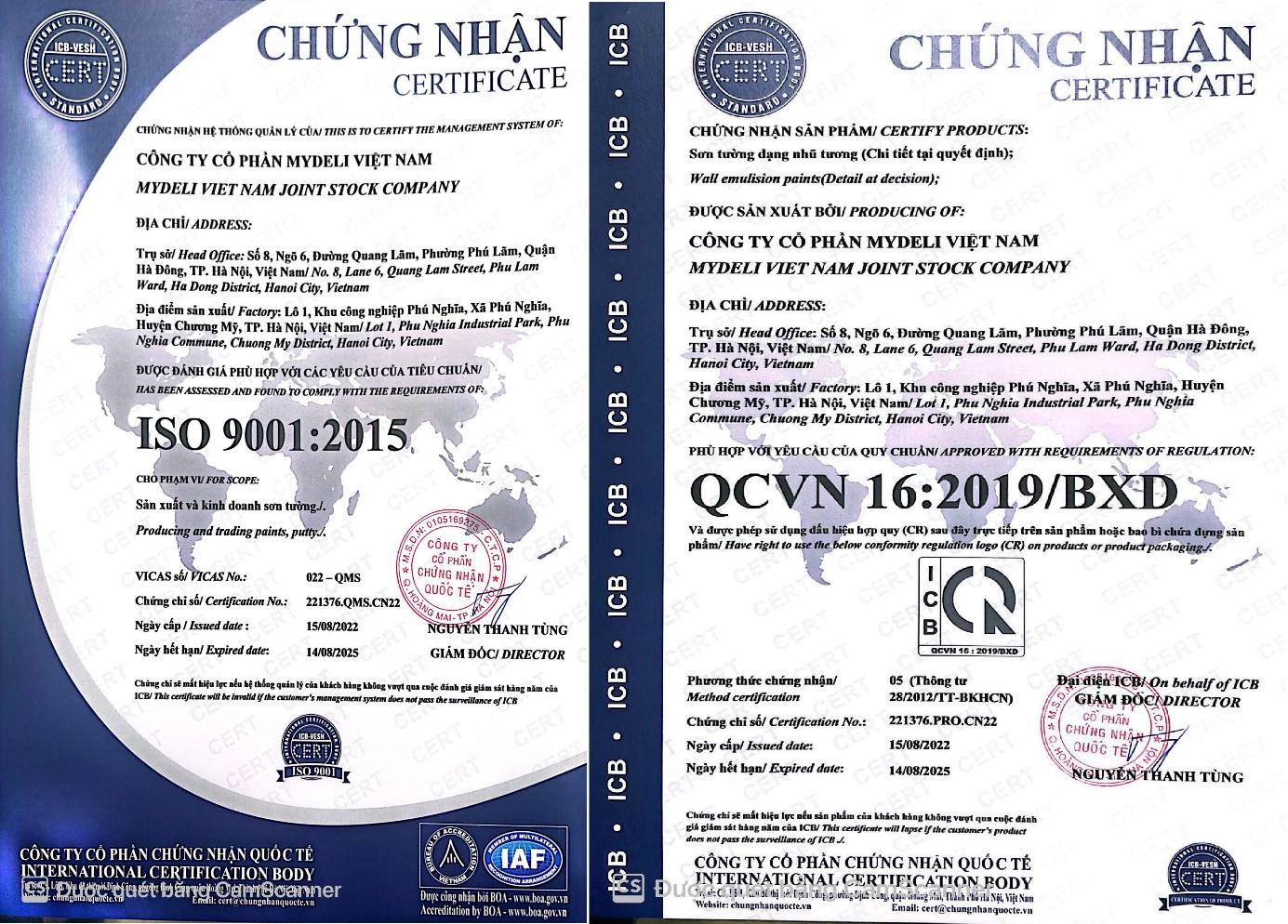Giấy chứng nhận đạt tiêu chuẩn ISO 9001:2015 uy chuẩn kỹ thuật quốc gia QCVN 16:2019/BXD Giấy chứng nhận sản phẩm của công ty.