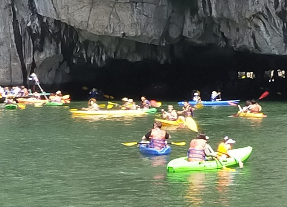 Chèo thuyền kayak tại khu vực Hang Luồn, vịnh Hạ Long thu hút nhiều khách du lịch tham gia.