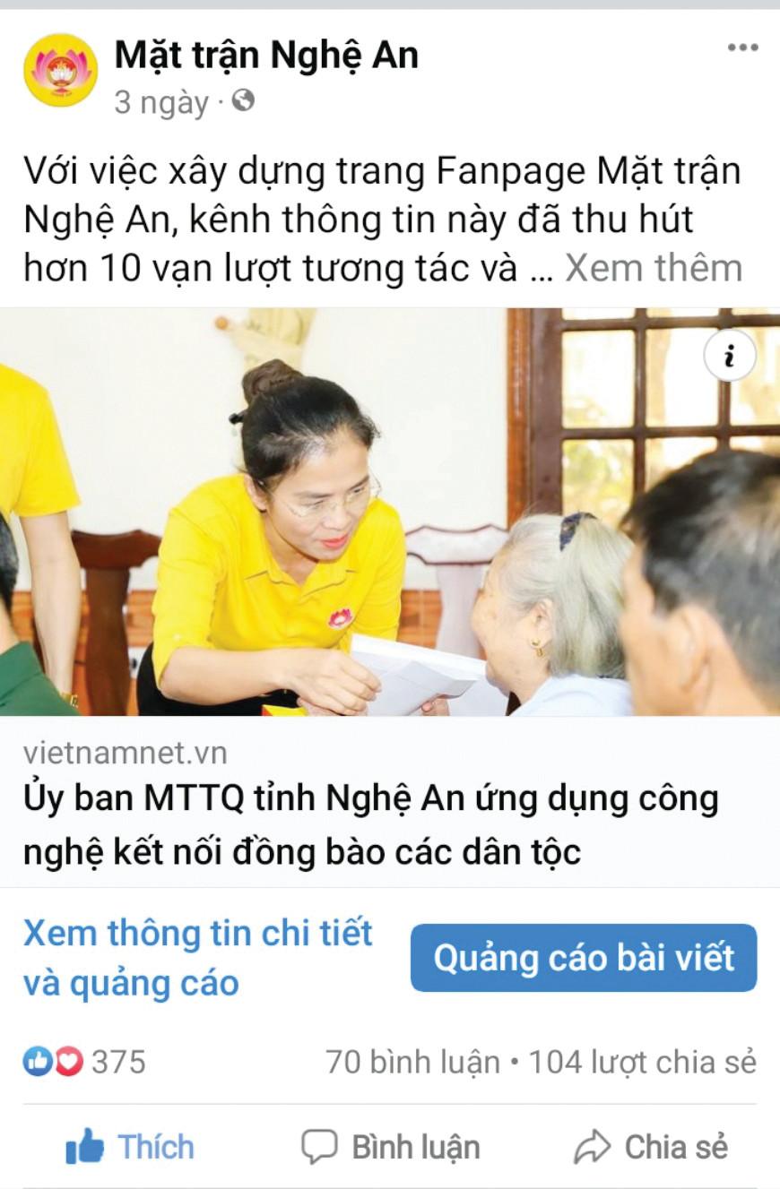 Một tờ báo lớn viết về trang Fanpage Mặt trận Nghệ An thu hút lượng lớn người theo dõi.