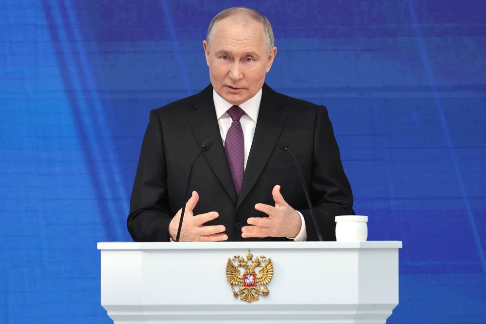 Ông Putin trình bày Thông điệp Liên bang trước Quốc hội, ngày 29/2/2024. (Ảnh: AFP/TTXVN)