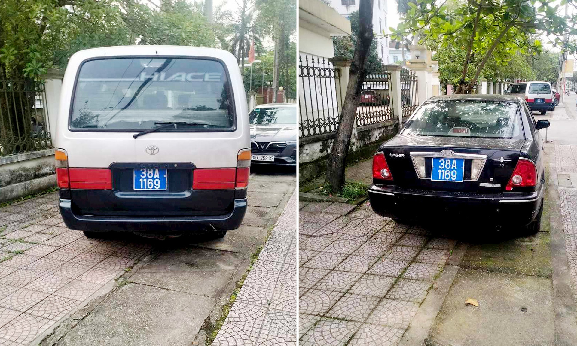 Hai xe ô tô cùng gắn chung một biển xanh 38A-1169 đậu trên đường ở TP Hà Tĩnh. Ảnh: Người dân cung cấp