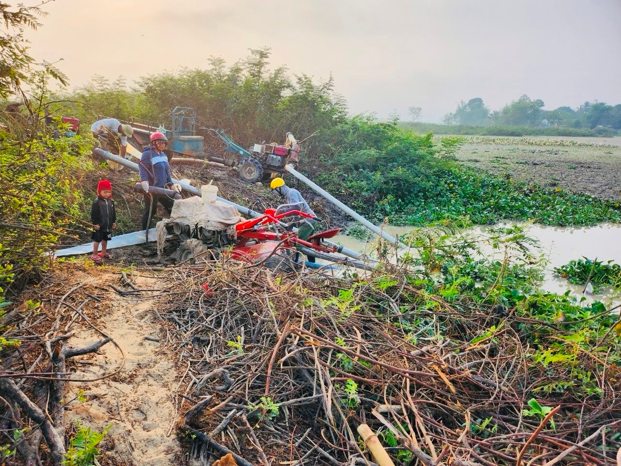 Bà con xã Bông Krang phải tìm kiếm từng chút nước để cứu lúa.