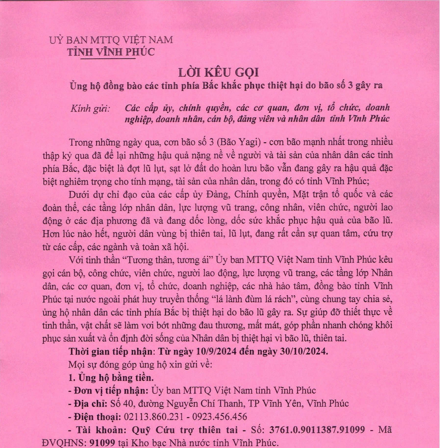 Lời kêu gọi ủng hộ khắc phục hậu quả bão số 3-2024