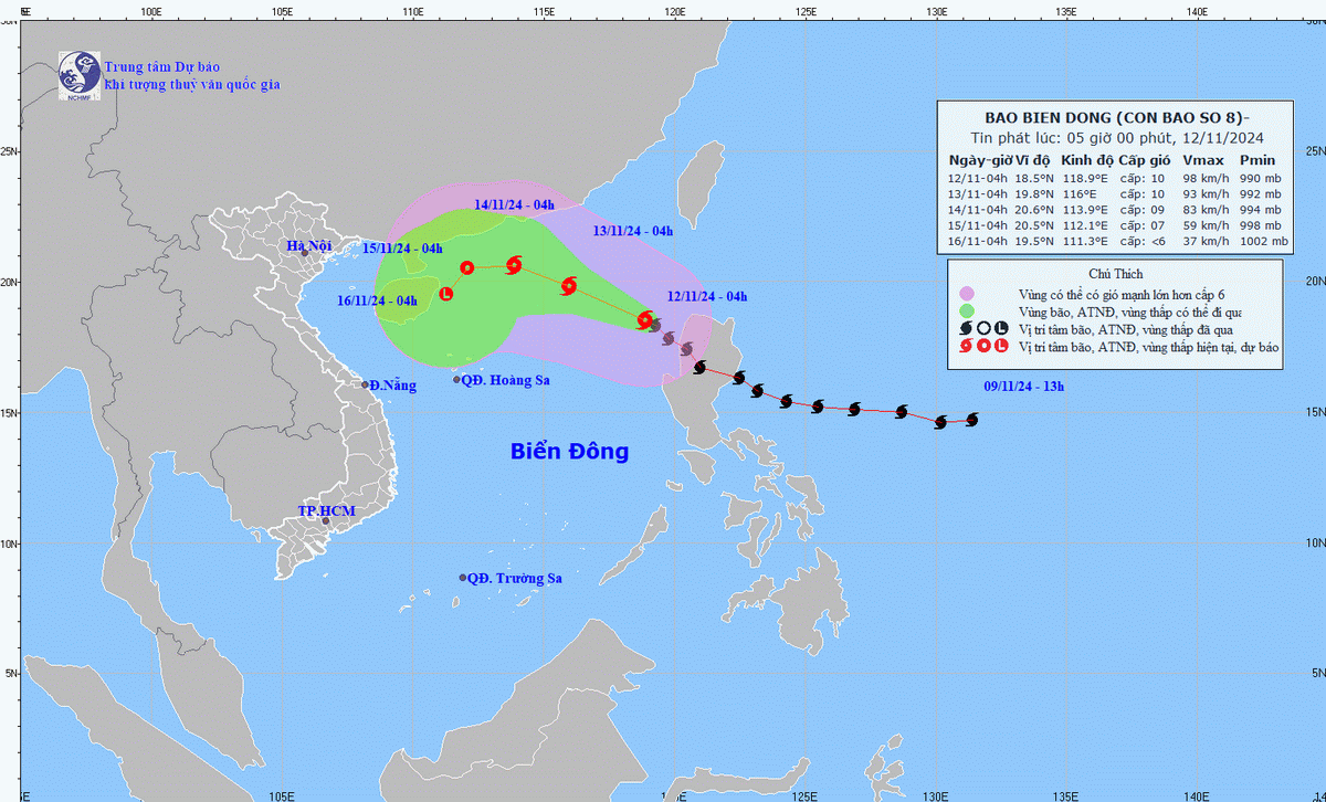 Hướng đi của cơn bão. (Ảnh: Trung tâm Dự báo Khí tượng Thủy văn Quốc gia)