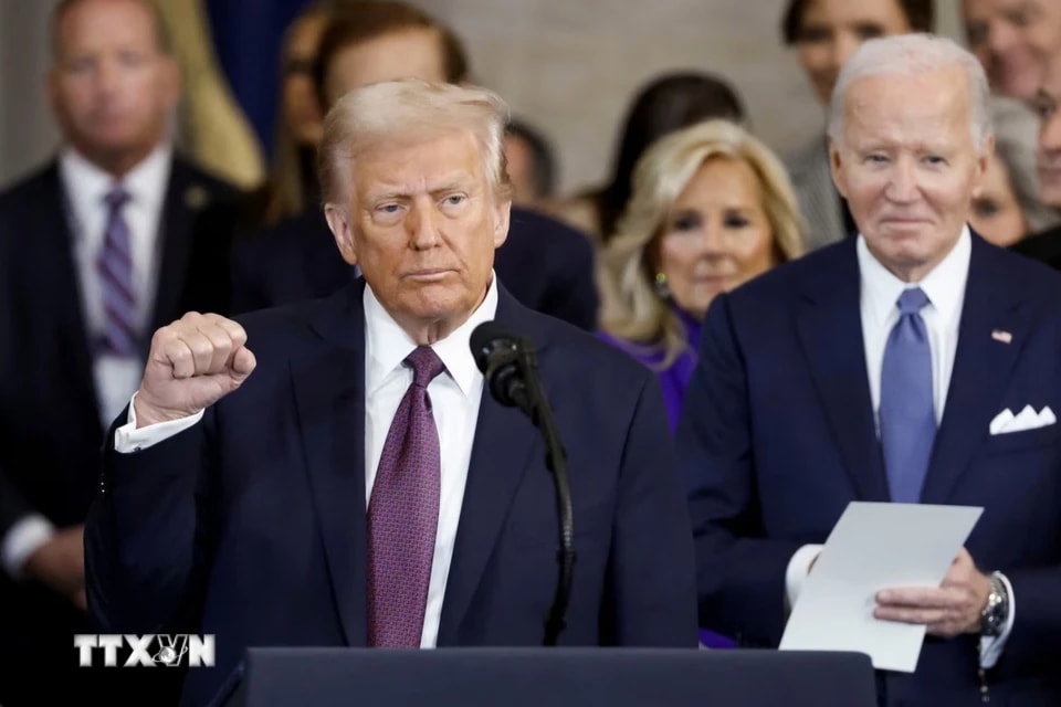 Tổng thống Mỹ Donald Trump phát biểu sau khi tuyên thệ nhậm chức ở Washington, DC., ngày 20/1/2025. (Ảnh: REUTERS/TTXVN)