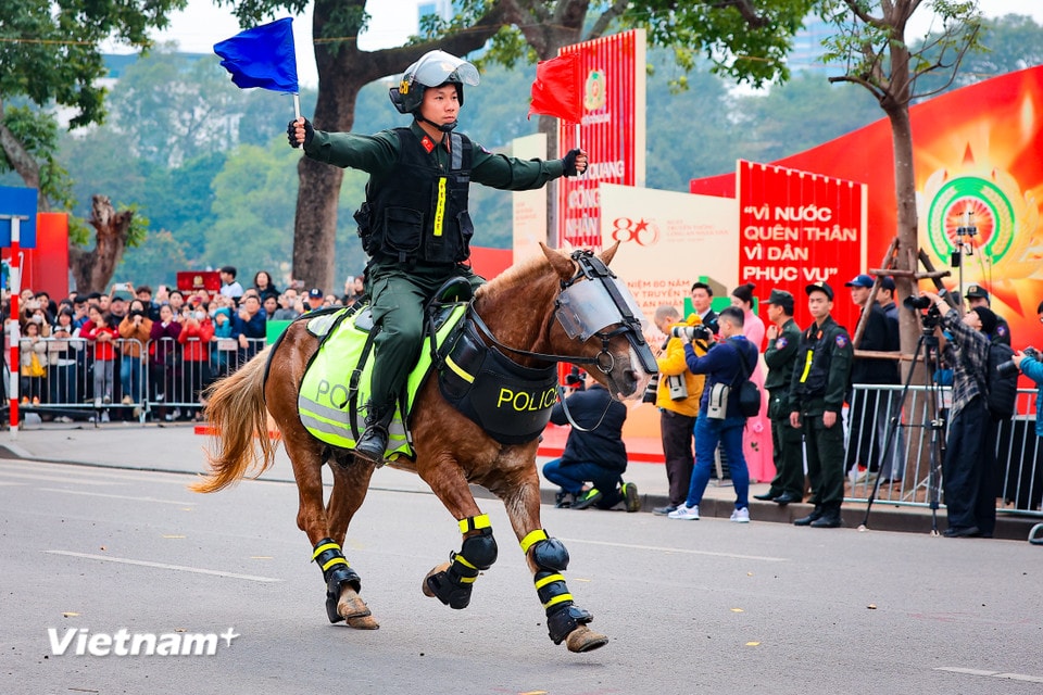 Chiến sỹ cảnh sát cơ động biểu diễn kỹ thuật điều khiển ngựa chạy đại giải phóng hai tay. (Ảnh: Hoài Nam/Vietnam+)