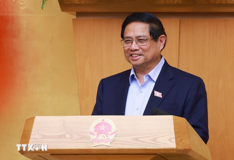 Thủ tướng Phạm Minh Chính chủ trì cuộc họp Chính phủ chuyên đề về việc sắp xếp, tổ chức lại đơn vị hành chính các cấp. (Ảnh: Dương Giang/TTXVN)
