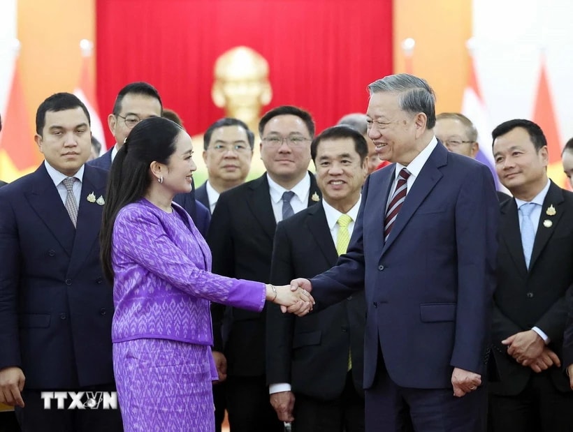Tổng Bí thư Tô Lâm tiếp Thủ tướng Thái Lan Paetongtarn Shinawatra. (Ảnh: Thống Nhất/TTXVN)