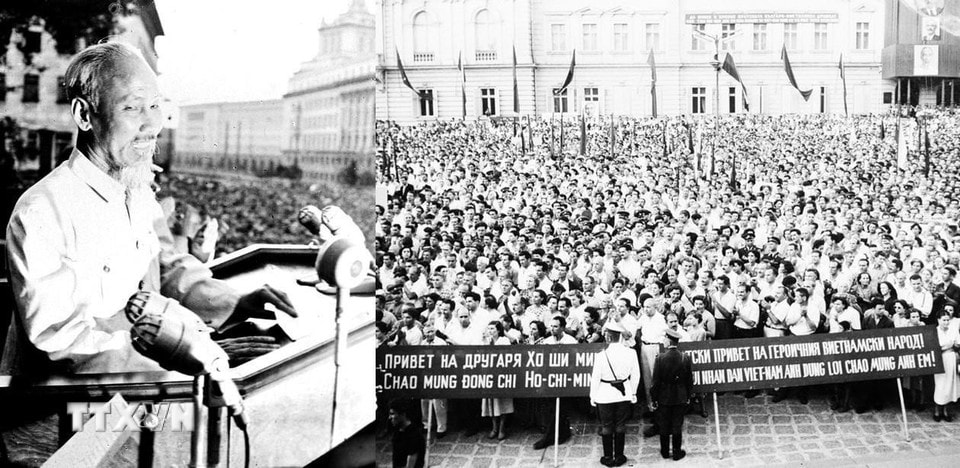 Chủ tịch Hồ Chí Minh phát biểu tại lễ mít tính chào mừng Người thăm hữu nghị chính thức Bulgaria (13/8/1957) - chuyến thăm đặt dấu mốc quan trọng trong lịch sử quan hệ hai nước. (Ảnh: TTXVN)