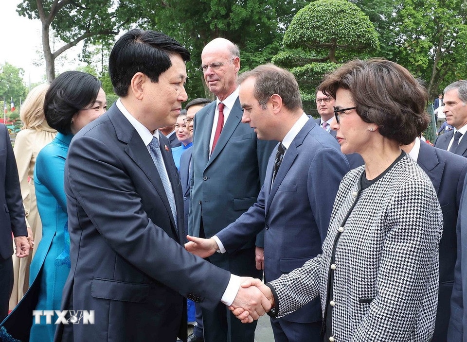 Chủ tịch nước Lương Cường và Phu nhân với các thành viên đoàn Pháp. (Ảnh: Lâm Khánh/TTXVN)