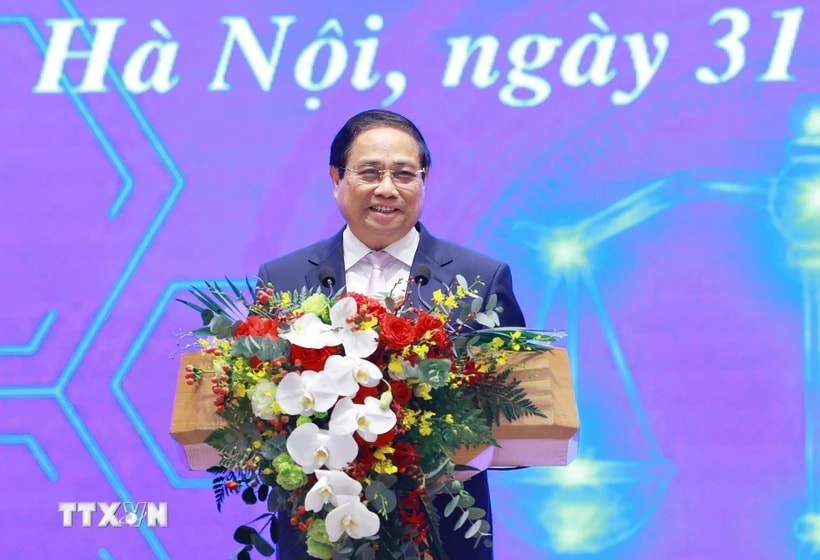 Thủ tướng Phạm Minh Chính phát biểu tại Lễ khai trương Cổng Pháp luật Quốc gia. (Ảnh: Dương Giang/TTXVN)