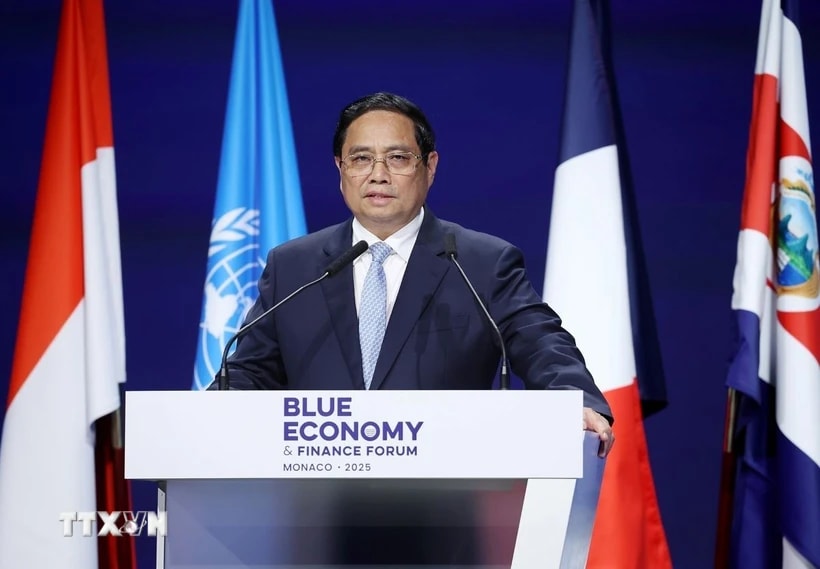 Thủ tướng Phạm Minh Chính phát biểu tại Diễn đàn Tài chính và Kinh tế Xanh của Hội nghị Đại dương Liên hợp quốc lần thứ ba (UNOC 3). (Ảnh: Dương Giang/TTXVN)