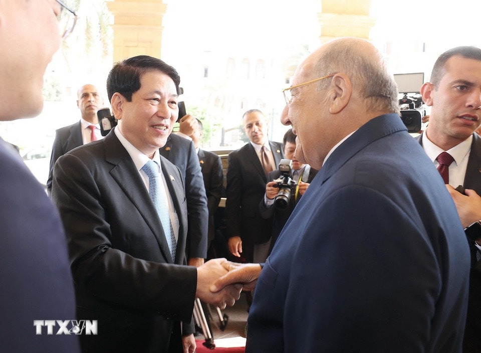 Chủ tịch Thượng viện Ai Cập Abdel-Wahab Abdel-Razek đón Chủ tịch nước Lương Cường. (Ảnh: Lâm Khánh/TTXVN)