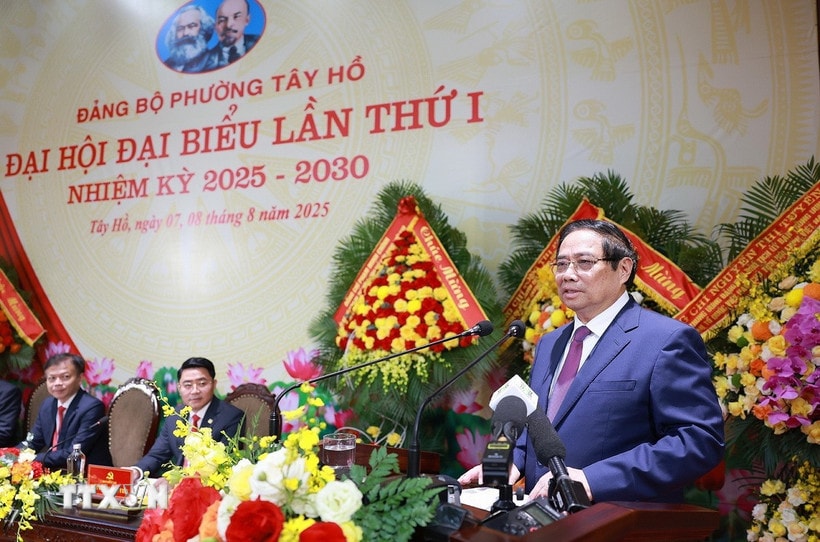 Thủ tướng Phạm Minh Chính phát biểu tại Đại hội đại biểu Đảng bộ phường Tây Hồ lần thứ nhất. (Ảnh: Dương Giang/ TTXVN)