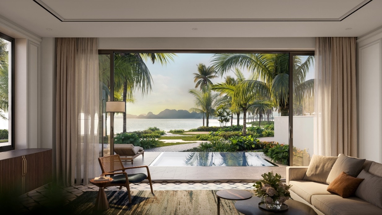 Mỗi căn biệt thự đều sở hữu hồ bên riêng trước hiên nhà, với tầm nhìn phóng khoáng ra vịnh biển kì vĩ.