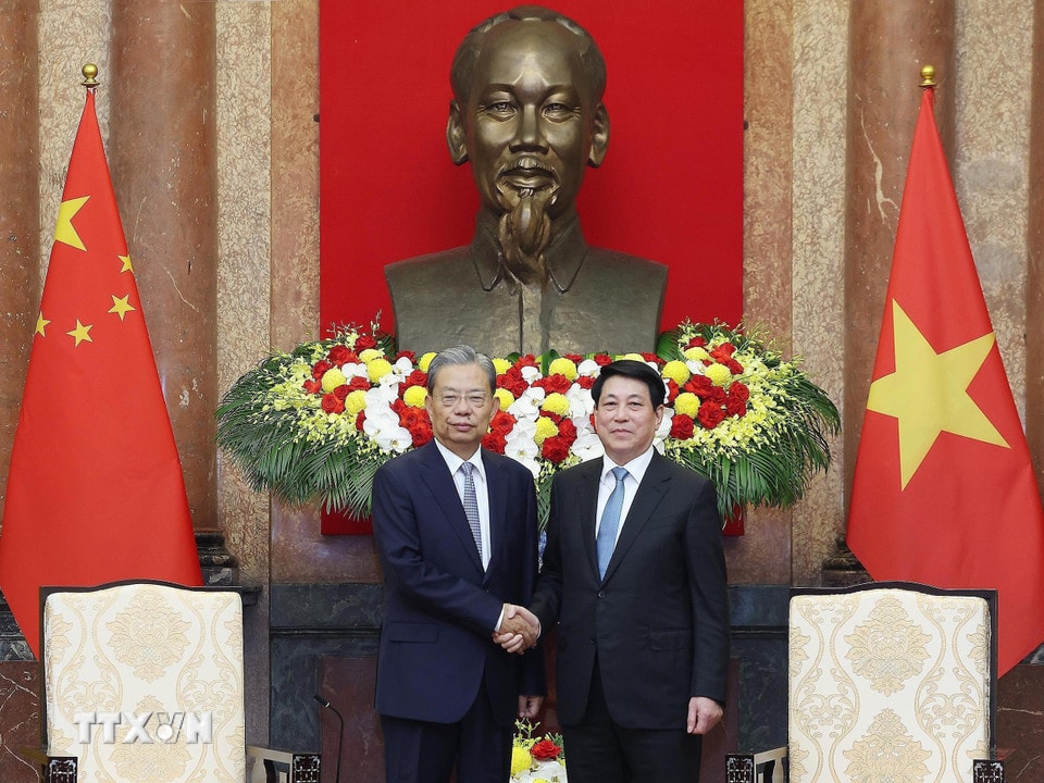 Chủ tịch nước Lương Cường tiếp Ủy viên trưởng Nhân đại toàn quốc Trung Quốc Triệu Lạc Tế. (Ảnh: Lâm Khánh/TTXVN)