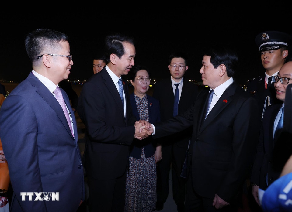 Đại sứ Việt Nam tại Trung Quốc Phạm Thanh Bình đón Chủ tịch nước Lương Cường tại sân bay Bắc Kinh. (Ảnh: Lâm Khánh/TTXVN)