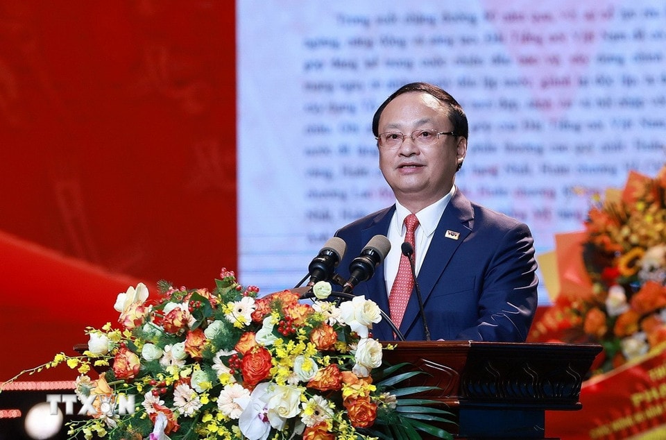 Tổng Giám đốc Đài Tiếng nói Việt Nam Đỗ Tiến Sỹ trình bày diễn văn kỷ niệm 80 năm Ngày thành lập Đài Tiếng nói Việt Nam. (Ảnh: Dương Giang/TTXVN)